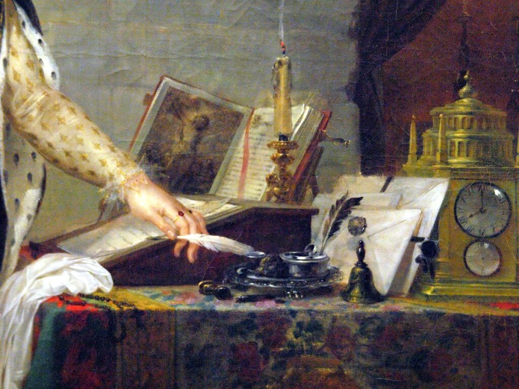 Letter-writing at a portable desk with quill, inkwell, seal and an open book bound with clasps on a reading st