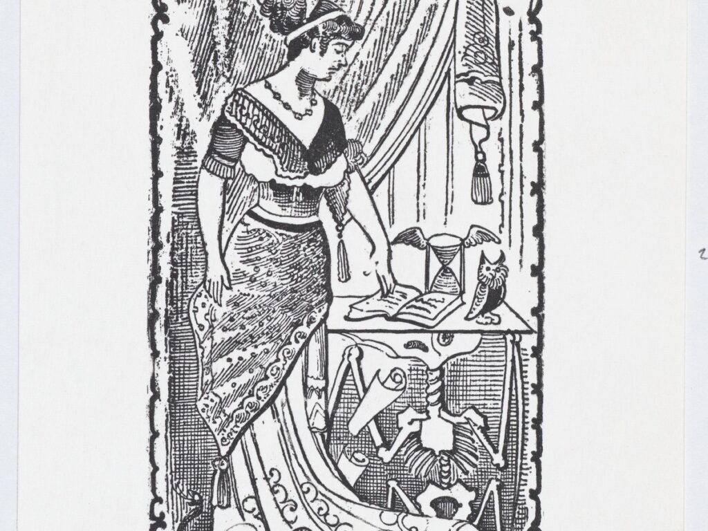 A woman pointing to a book on a desk with a skeleton underneath MET DP869395